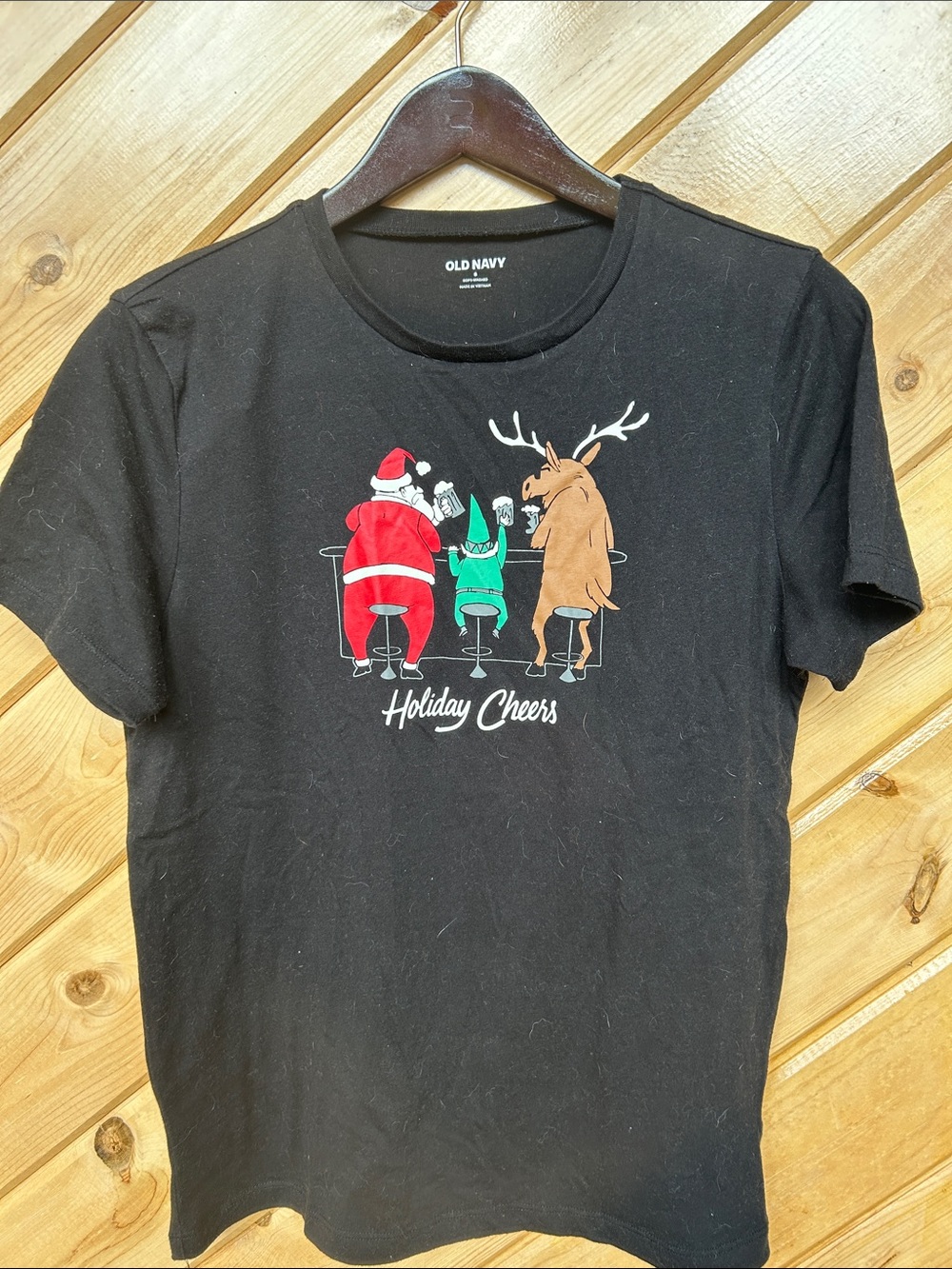 Old Navy Black Holiday Cheers Graphic Tee with Red, Green, and Brown Characters